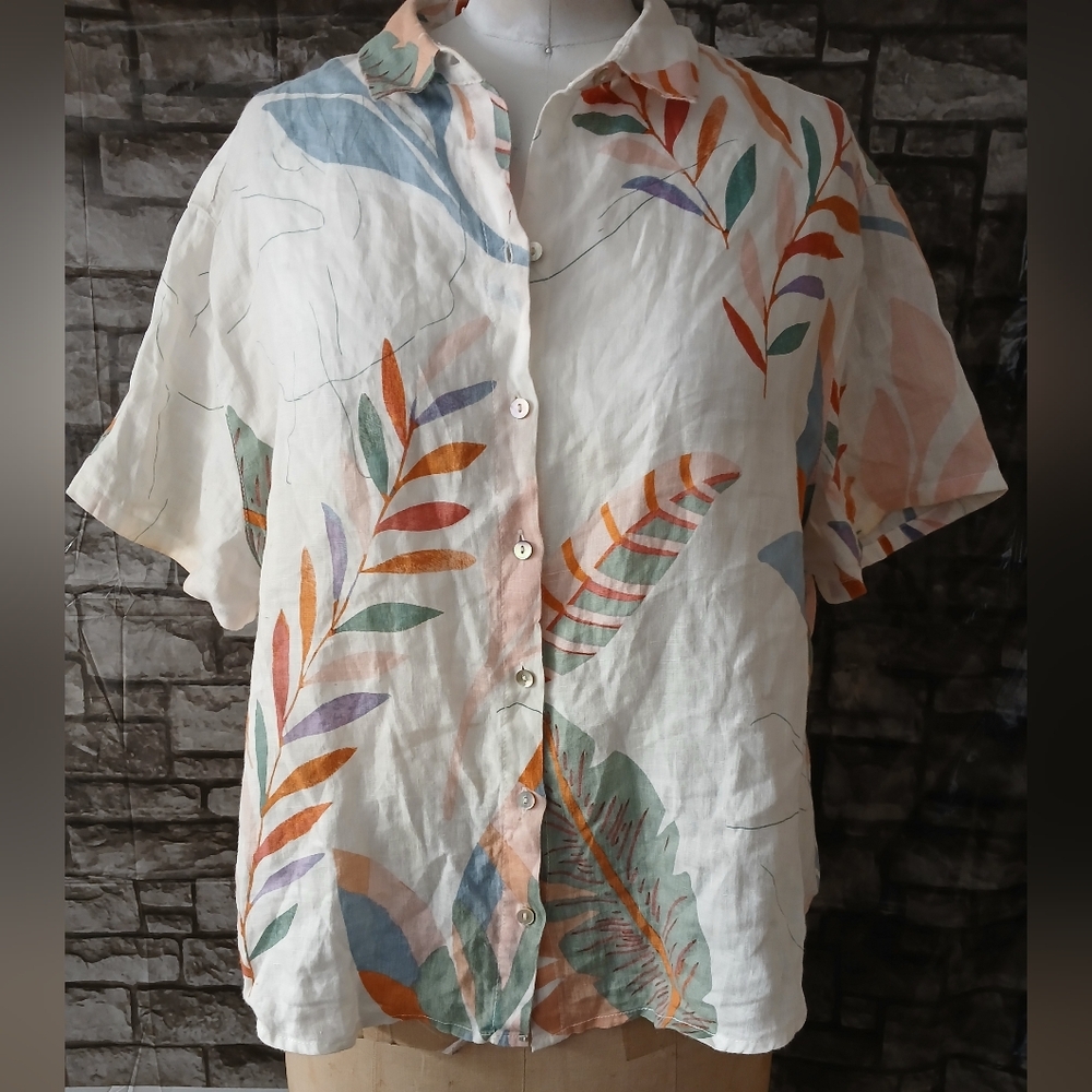 Cynthia Rowley Blue and Cream Leaf Print Linen Women's Shirt